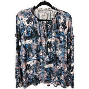 Cupio Women’s Medium Ruffled Scoop Neck Long Sleeve Smock Stretch Tunic Top Blue